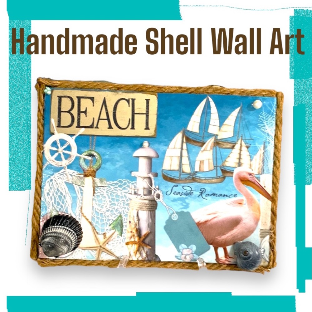 Beach Art - Decoupage on Canvas with Seashells, Pearls and Nautical Rope Trim